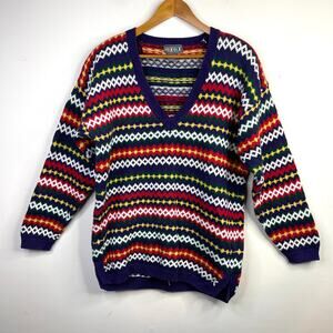 Vintage 90s Cotton Blend Fair Isle Argyle Tunic Length V Neck Sweater womens L